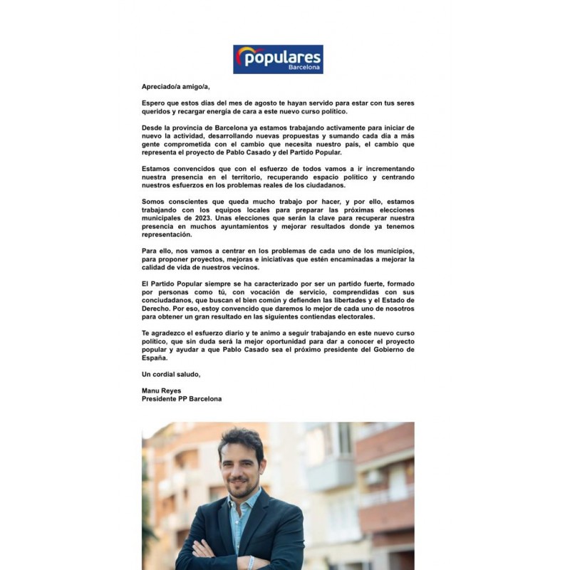 Carta del presidente provincial, Manu Reyes, de reinicio del curso político